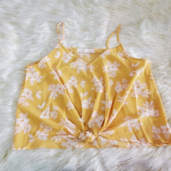 Lush Shirt Womens Large Yellow Floral Spaghetti Strap Crop Polyester V-Neck - Picture 3 of 10